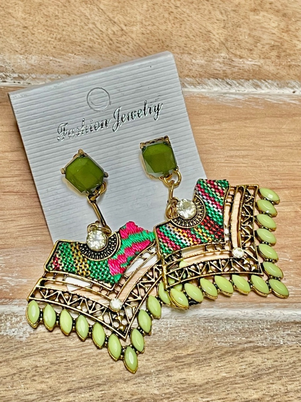 Handmade Chartreuse Lime Green and Red Beaded Statement Drop Earrings